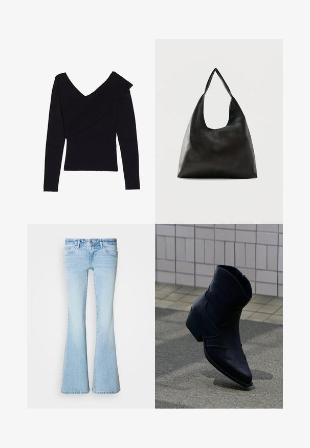 Even&Odd by Zalando Jersey de punto - black; Vaqueros acampanados de color azul claro hechos de mezclilla. Presentan cinco bolsillos, cierre de botón y un lavado desgastado con sutiles arrugas envejecidas.; Botín de cuero negro con tacón bajo, costuras decorativas y punta afilada, colocado de pie sobre una superficie pavimentada junto a una pared con azulejos.; Bolso de hombro de cuero negro liso con una correa ancha y única y un diseño desenfadado y minimalista sobre un fondo sencillo.
