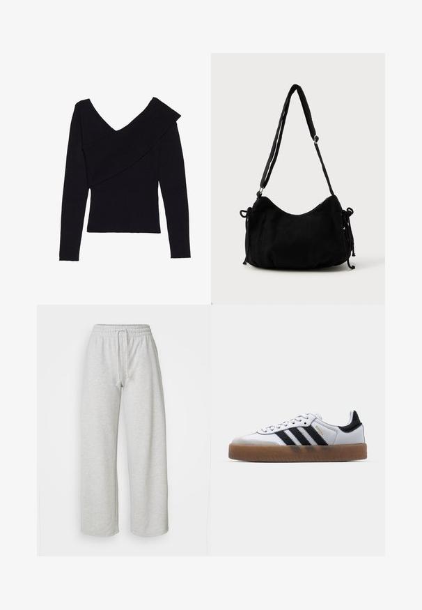 Even&Odd by Zalando Svetrík - black; Even&Odd Petite by Zalando Tepláky - mottled light grey; Biele kožené tenisky s čiernymi pruhmi, gumová podrážka, okrúhla špička, šnurovanie a mäkký sivý semišový špička.; Čierna kordurová taška na rameno s oblým tvarom, nastaviteľným popruhom a šnúrkami na stiahnutie na oboch stranách na úpravu veľkosti.