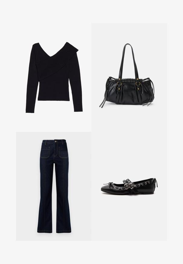 Even&Odd by Zalando Trui - black; Donkerblauwe flared jeans van denim, met een hoge taille, twee achterzakken en zichtbare stiksels langs de naden.; Zwarte platte balletschoen met dubbele gespsluitingen, zilveren oogjes en een klein strikje nabij de afgeronde neus op een witte achtergrond.; Zwarte leren handtas met een afgeronde vorm, dubbele handvatten, decoratieve hardware accenten en details met zijstrikken. Smooth, glanzende textuur.