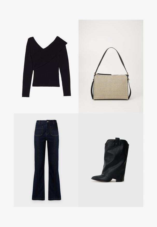 Even&Odd by Zalando Svetrík - black; Tmavomodré rozšírené džínsy vyrobené z denimu, s vysokým pásom, dvomi zadnými vreckami a viditeľným prešívaním pozdĺž švov.; Čierne kožené členkové topánky s špicatou špičkou, uvoľneným siluetom a nízkym blokovým podpätkom. Obsahujú malú zadnú slučku pre jednoduché obúvanie.; Taška s obdĺžnikovým tvarom a textúrovaným zlatým a čiernym vzorom. Má čierny popruh a zlaté kovové akcenty.
