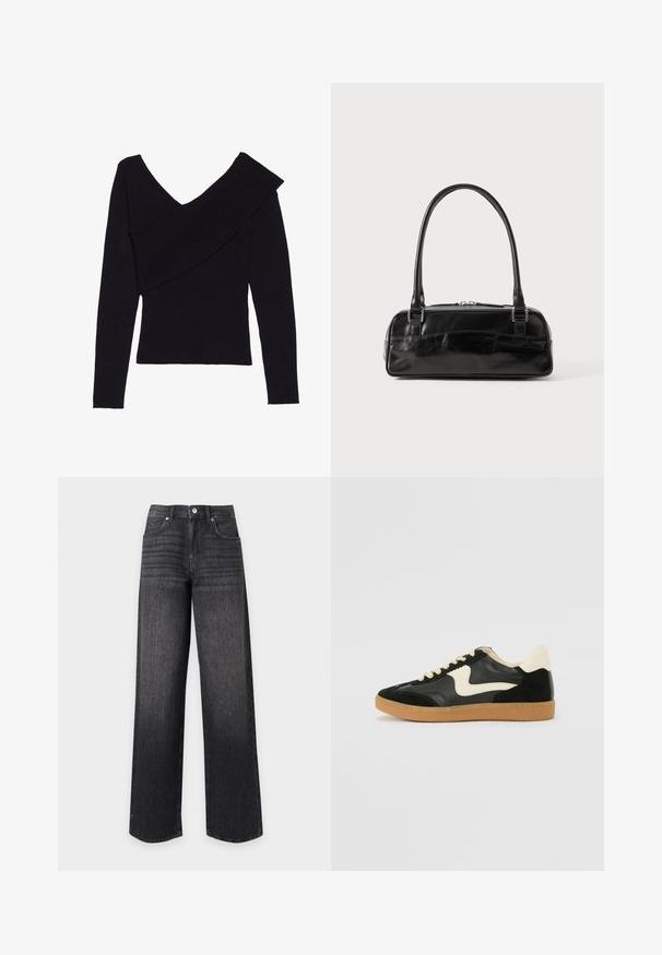 Even&Odd by Zalando Pullover - black; Jean en denim noir taille haute à jambes droites avec poches avant, passants de ceinture, bouton et fermeture éclair sur fond blanc.; Baskets en daim et cuir noir avec un swoosh latéral crème et un talon crème clair. Dotées de lacets beige et d'une semelle en caoutchouc gomme.; Sac à main en cuir noir de forme rectangulaire, doté d'une seule ansse structurée, de quincaillerie argentée et d'une fermeture éclair. Texture lisse.
