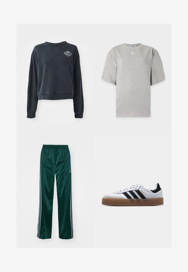 Čierna skrátená mikina z mäkkej bavlnenej zmesi s okrúhlym výstrihom, dlhými rukávmi a vyšívaným logom na hrudi.; Svetlosivé tričko Adidas s krátkym rukávom, okrúhlym výstrihom a malým bielym logom Adidas na hrudi, zobrazené na jednoduchom pozadí.; Tmavozelené športové nohavice vyrobené z lesklého materiálu, s bočnými pruhmi v svetlošedej farbe a vyšitým logom na ľavom stehne.; Biele kožené tenisky s čiernymi pruhmi, gumová podrážka, okrúhla špička, šnurovanie a mäkký sivý semišový špička.