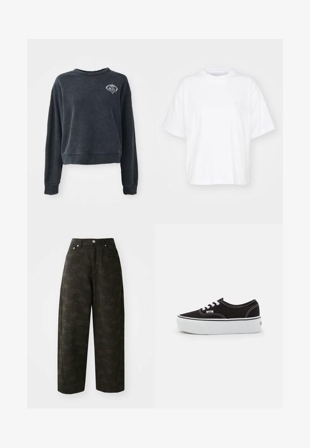 Zwarte cropped sweatshirt van een zachte katoenmix, met een ronde halslijn, lange mouwen en geborduurd logo detail op de borst.; Witte katoenen t-shirt met een ronde hals, korte mouwen en een ontspannen pasvorm. Heeft een subtiel logo op het linkerborstgedeelte. Zachte textuur.; Donkergroene wijde broek met een gestructureerd bloempatroon, vijf zakken en metalen knoopsluitingen in de taille.; Zwarte canvas sneaker met een witte rubberen platformzool, voorzien van witte veters en stiksels, iconische branding op de zijkant, low-top ontwerp.
