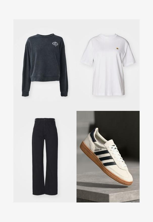 Zwarte cropped sweatshirt van een zachte katoenmix, met een ronde halslijn, lange mouwen en geborduurd logo detail op de borst.; Witte katoenen t-shirt met een relaxte pasvorm, korte mouwen en een klein geborduurd logo op de linkerborst.; Zwarte hoge taille wijdlopende jeans met een sluiting aan de voorkant met knoop en rits, ceintuurlussen en twee voorzakken op een witte achtergrond.; Witte suède sneakers met marineblauwe strepen, rubberen gumzool, gestructureerde bovenkant, ronde neus en veters; heeft branding aan de zijkant en op de tong.