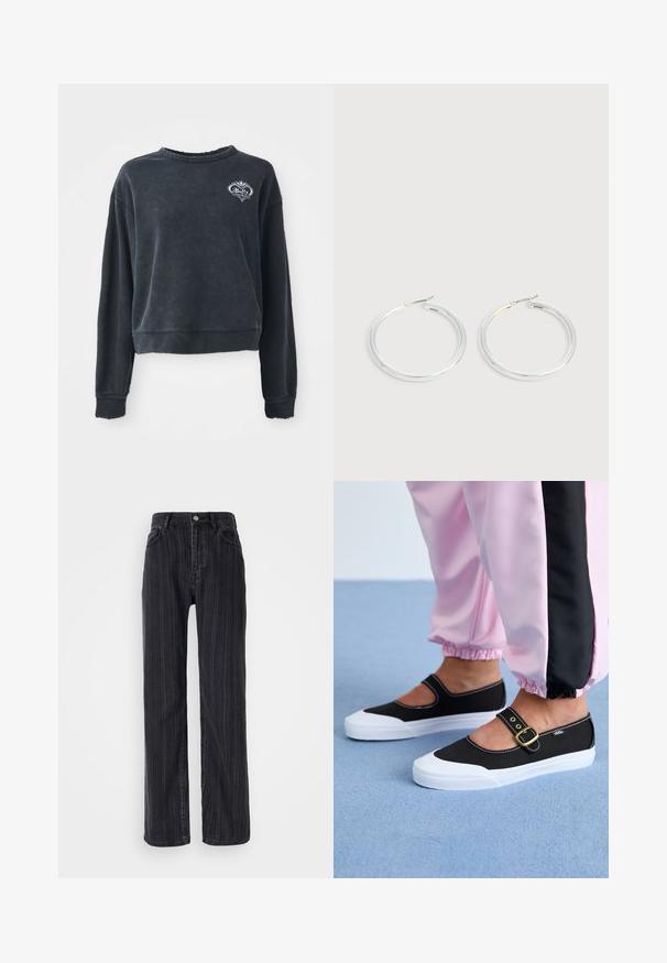 Zwarte cropped sweatshirt van een zachte katoenmix, met een ronde halslijn, lange mouwen en geborduurd logo detail op de borst.; Hoge taille zwarte denim jeans met een verticale streepjespatroon, rechte pasvorm en een metalen knoopsluiting aan de voorkant.; Zwarte canvas schoenen met een witte zool, met een uitgesneden ontwerp en een gouden gespband. Draagt met roze joggingsbroek.; Een paar glanzende zilveren oorringen met dunne draadafsluitingen, getoond op een lichtgrijze achtergrond.