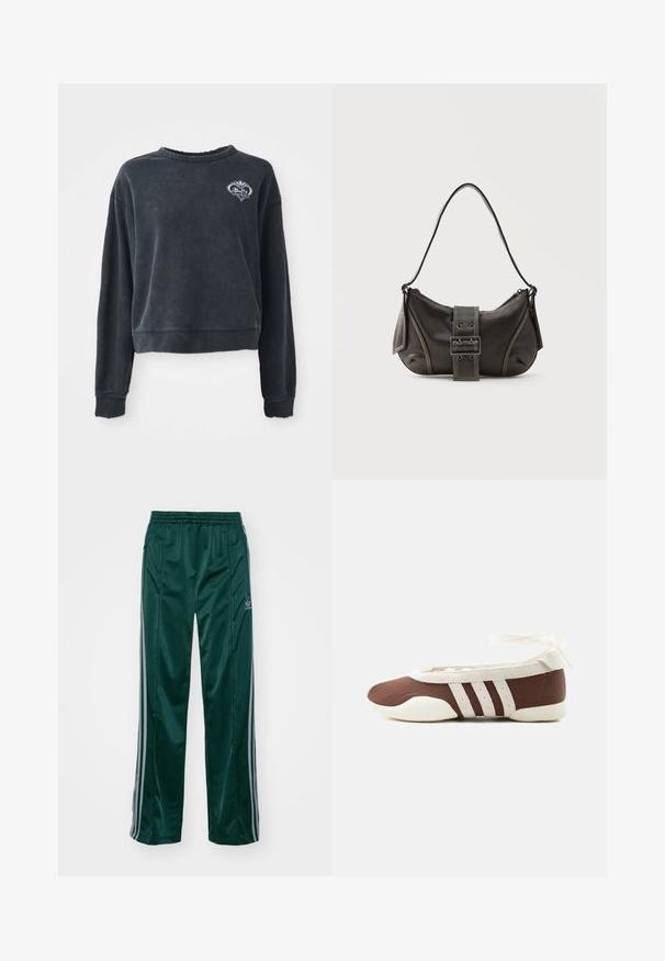 Must-käteosaline must fliistekstsärk pehmest puuvilla segust, ümarate kaelustega, pikkade varrukatega ja tikandiga logo detailiga rinnal.; Tumedad roheline sportpants, mis on valmistatud läikivast materjalist, külgedel on heledates hallides triipudes ja vasakul jalal on broderdatud logo.; Pruun ja valge baleriinjalanõu, millel on kolm valget triipu ja pahkluu paelaga lips, helel taustal.; Mustast nahast õlakott pandlanööriga detailiga, kõverate servade ja kontrastse valge õmblusega tavalise tausta peal.
