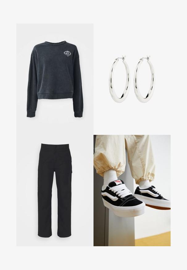 Sweatshirt noir court en mélange de coton doux, avec un col rond, des manches longues et un détail de logo brodé sur la poitrine.; Pantalons en coton noir avec une coupe droite, fermeture à bouton et passants de ceinture. Présente un design classique sans poches visibles.; Personne portant des baskets Vans noires et blanches avec des lacets blancs, des chaussettes blanches et un pantalon beige avec des poignets élastiques.; Boucles d'oreilles créoles en argent avec une finition lisse et brillante. Forme circulaire, dotée d'un fermoir sécurisé. Design simple et élégant.