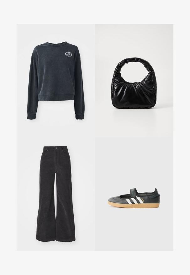Sweatshirt noir court en mélange de coton doux, avec un col rond, des manches longues et un détail de logo brodé sur la poitrine.; Pantalons large en velours côtelé noir avec taille haute, poches avant et fermeture à bouton. Le tissu présente une surface douce et texturée.; Sneaker en cuir noir et suède avec une sangle Velcro, arborant trois bandes blanches et une semelle en caoutchouc, étiqueté "SAMBA" sur le côté.; Sac à main noir rembourré avec une poignée arrondie, présentant une surface lisse et brillante ainsi qu'une texture douce et matelassée. Pas de quincaillerie ou d'accents visibles.