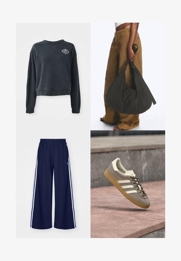 Must-käteosaline must fliistekstsärk pehmest puuvilla segust, ümarate kaelustega, pikkade varrukatega ja tikandiga logo detailiga rinnal.; adidas Originals PANT - Dresside alumine osa - night indigo; Helepruunad seemisnahast Adidas tossud valgete triipude ja kummist taldadega, riputatud roosade kivist trepiastmete kohale õues.; Isik kannab pruune laia säärega pükse ja valget topi, hoides oma külje peal suurt musta pehmet käekotti sangast kinni.