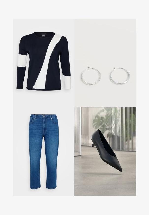 Navyblauer Pullover mit langen Ärmeln, der ein diagonales weißes Design und weiße Akzente an den Ärmeln aufweist. Aus weichem Strickmaterial gefertigt.; Blaue Denim-Jeans im geraden Schnitt, im Fünf-Taschen-Stil, mit klassischem Knopf- und Reißverschluss, die dezente Used-Waschungen an der Vorderseite aufweisen.; Schwarzer spitzer Kitten-Heel-Schuh, der über einem glatten Betonboden mit vertikalen transluzenten Paneelen im Hintergrund schwebt.; Silberne Metallcreolen mit glatter, leicht gebogener Oberfläche und Klappverschluss vor schlicht weißem Hintergrund.