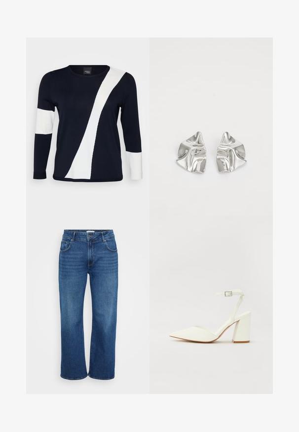 Jersey azul marino de manga larga con un diseño diagonal en blanco y detalles blancos en las mangas. Fabricado con un material de punto suave.; Jeans de pierna ancha en denim azul oscuro. Cuenta con cinco bolsillos, trabillas para cinturón y un leve desgastado a lo largo de las piernas. Textura suave con un ajuste estándar.; Sandalia blanca de tacón con puntera afilada, correa ajustable en el tobillo y un tacón cuadrado grueso. Textura lisa con detalles de costura mínimos.; Pendientes de metal plateado con un diseño ondulado y escultórico, que presentan un acabado pulido y formas irregulares, destacando una estética contemporánea.