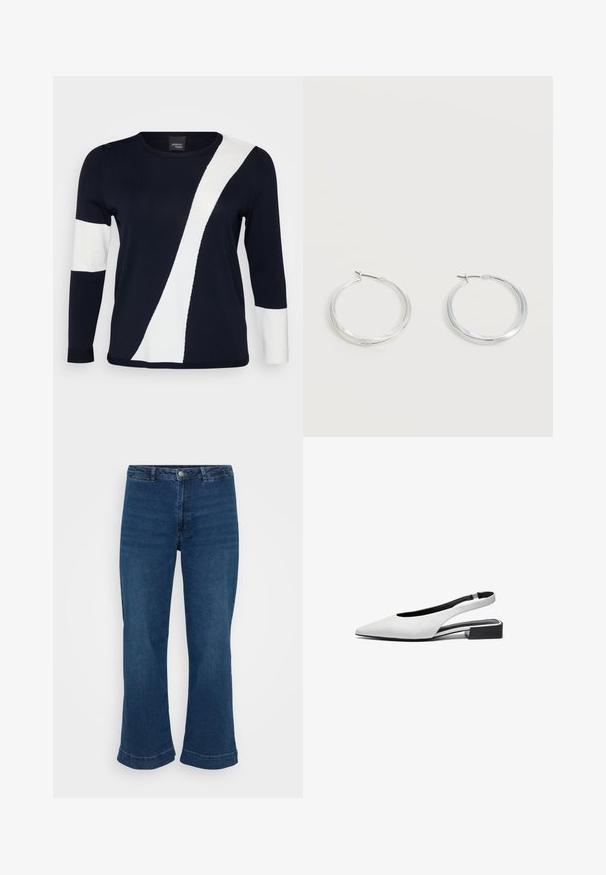 Jersey azul marino de manga larga con un diseño diagonal en blanco y detalles blancos en las mangas. Fabricado con un material de punto suave.; Jeans de cintura alta en azul con pierna recta y dobladillo acampanado, fabricados en denim. Presentan un diseño clásico de cinco bolsillos y cierre con botón de metal.; Zapatillas planas de piel blanca tipo slingback con punta afilada, diseño abierto en el talón y un bajo tacón cuadrado negro. Textura suave y acentos mínimos.; Pendientes de aro de metal plateado con superficie lisa y ligeramente curvada y cierre de tipo mosquetón sobre un fondo blanco liso.