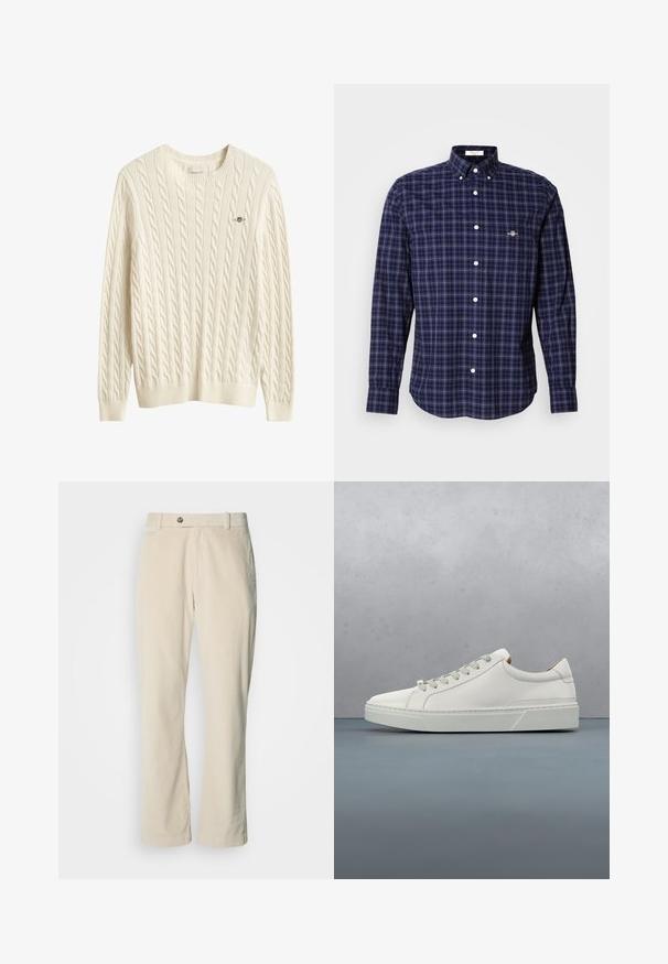 Kremfarvet kabelstrikket sweater med lange ærmer, rund hals og lille broderet logo på venstre bryst.; Herre langærmet skjorte med knaplukning i navyblå, sort og hvid ternet mønster, knapkrave og logo på venstre side af brystet.; Beige kordfløjlsbukser med knap- og lynlåslukning, bæltestropper og lige ben på en hvid baggrund.; Hvid lædersneaker med rund tå, minimalistisk design, grå snørebånd og en tekstureret grå gummisål. Subtile syningsdetaljer er synlige.