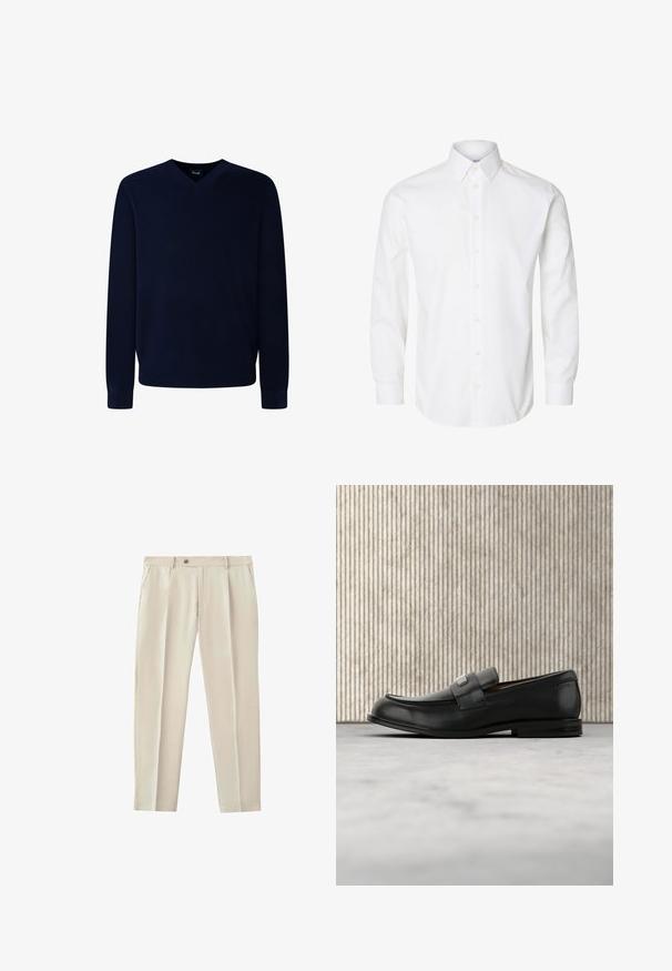 Suéter de punto suave de color azul marino con escote en V, de mangas largas y puños acanalados, que presenta una textura suave y un diseño minimalista.; Camisa blanca de manga larga con cuello puntiagudo, botones visibles en la parte delantera y puños abotonados.; Pantalones beige confeccionados a medida con pliegues delanteros, bolsillos laterales, trabillas para cinturón y cierre con botón en la cintura.; Mocasín de cuero negro con una placa metálica de marca apoyado cerca de una mesa redonda marrón sobre un suelo alfombrado beige.