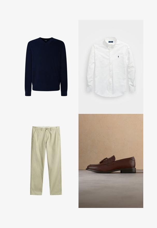 Suéter de punto suave de color azul marino con escote en V, de mangas largas y puños acanalados, que presenta una textura suave y un diseño minimalista.; Camisa blanca de botones hecha de algodón. Presenta un collar puntiagudo, mangas largas y un pequeño logo en color marino en el pecho. Textura suave.; Pantalones chinos beige de pierna recta con trabillas para cinturón, cierre delantero con botón y cremallera, y bolsillos laterales, colocados planos sobre un fondo blanco.; Mocasín marrón de cuero con borlas flotando sobre una alfombra beige texturizada, con una mesa redonda de madera y libros apilados en el fondo.