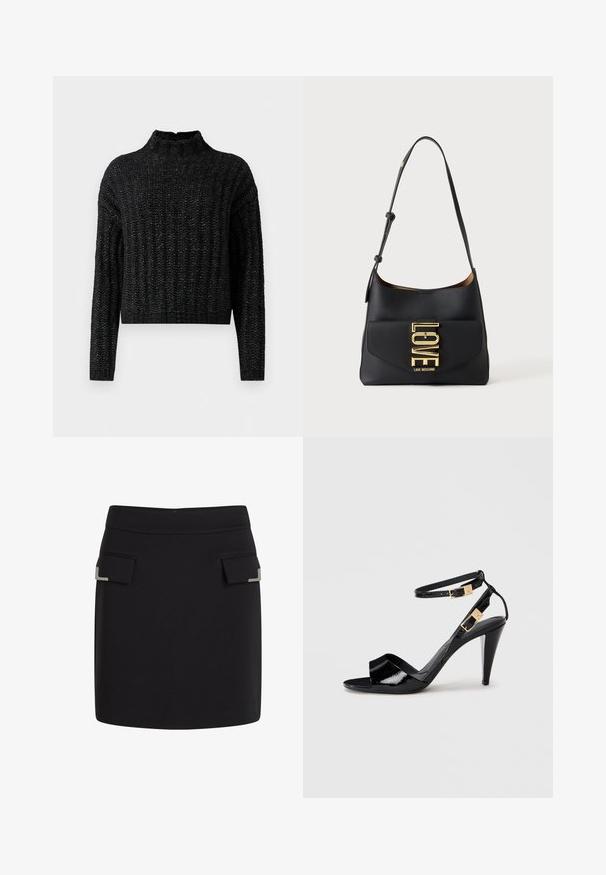 Pull en tricot noir, épais, avec un motif côtes, manches longues et col montant court.; Jupe mini noire avec deux poches avant à rabat, chacune dotée d'un petit détail décoratif en argent dans le coin.; Sandale à talon haut en cuir verni noir avec double bride de cheville et boucles dorées, bout ouvert, et talon effilé sur fond neutre.; Sac à épaule noir avec une sangle réglable et un logo métallique doré "LOVE" sur le rabat avant, de la marque Love Moschino.