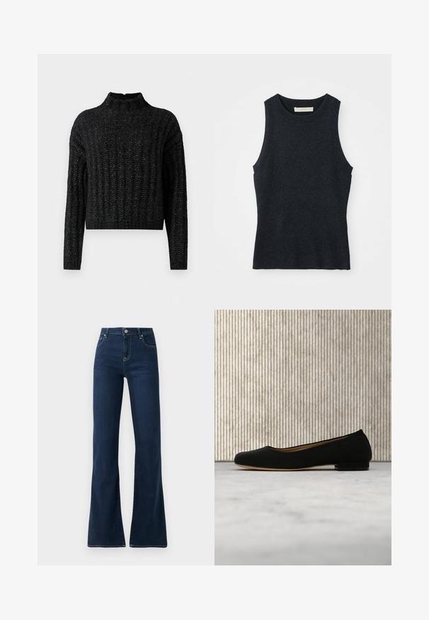 Schwarzer, grob gestrickter Pullover mit geripptem Muster, langen Ärmeln und stehendem Kragen.; Ärmelloses, dunkelgraues Strick-Tanktop mit Rundhalsausschnitt, auf weißem Hintergrund flach ausgelegt.; Dunkelblaue Schlagjeans mit einer hohen Taille, aus Denimstoff gefertigt. Verfügt über zwei Fronttaschen und Kontrastnähte entlang der Nähte.; Schwarzer Ballerinaschuh schwebt über einem beigefarbenen Teppich, im Hintergrund steht ein runder brauner Tisch.