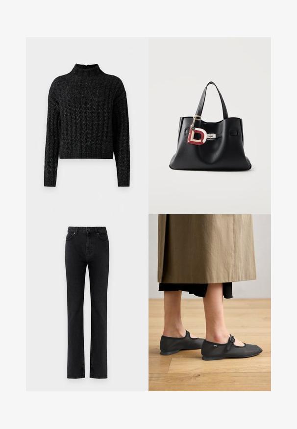 Pull en tricot noir, épais, avec un motif côtes, manches longues et col montant court.; Jean noir taille haute à jambes droites avec poches avant, passants de ceinture, fermeture à bouton et zip sur un fond blanc.; Chaussures Mary Jane en mesh noir avec un bout rond et une bride à fermeture bouton, portées avec une longue jupe beige, sur un sol en bois.; Sac à main en cuir noir avec double poignée, fermoir argenté et un porte-clés rouge et blanc en forme de lettre "D" attaché à une des poignées.