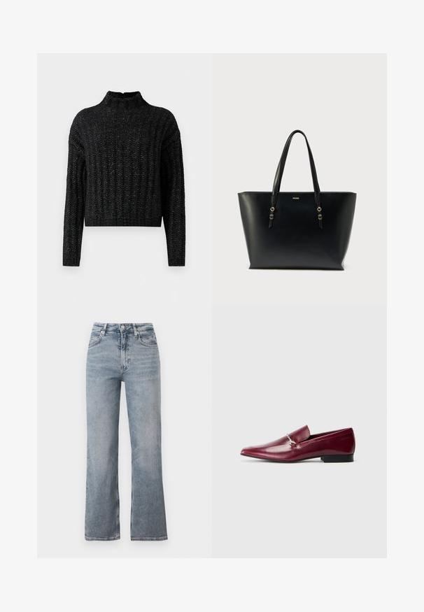 Schwarzer, grob gestrickter Pullover mit geripptem Muster, langen Ärmeln und stehendem Kragen.; Hellblaue Jeans mit hoher Taille und geradem Bein, vorne mit Knöpfen, Reißverschluss und klassischem Fünf-Taschen-Design.; Bordeauxrote Leder-Loafer mit spitzen Zehen und flachem schwarzem Absatz, verziert mit silberfarbener Kettenhardware auf der Vorderseite. Glatte Textur.; Schwarze Tragetasche aus glattem Leder, mit zwei Griffen, goldfarbenen Metallakzenten und einem minimalistischen Design mit Logo auf der Vorderseite.