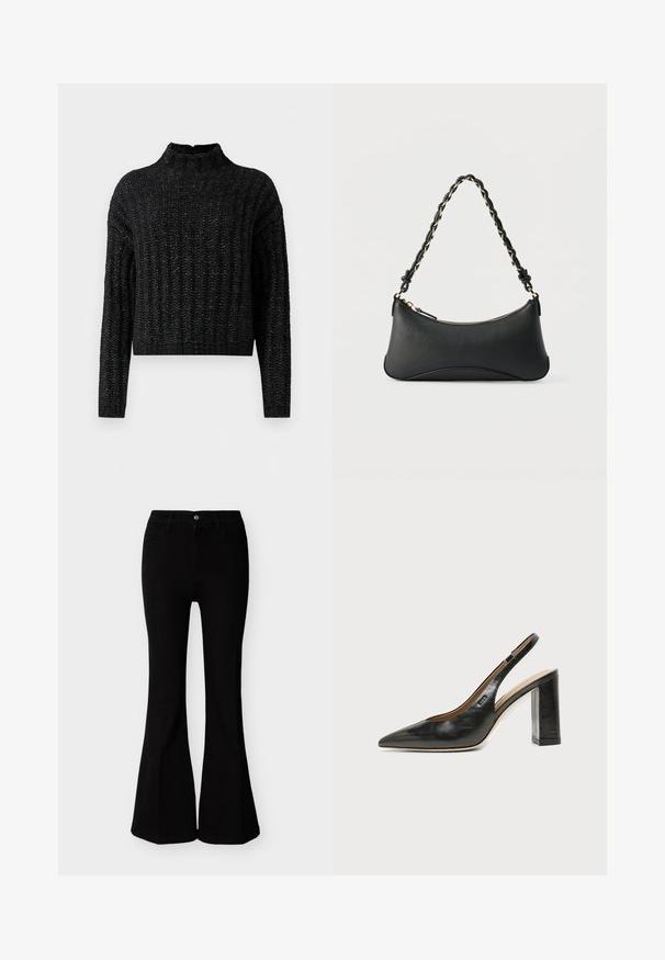 Sort chunky strikket sweater med ribbet mønster, lange ærmer og en kort ståkrave.; Sorte højhælede flare jeans med knap- og lynlåsøsning, forlommer og tætsiddende pasform over hofter og lår.; Sort læder peep-toe slingback sko med høj blokhæl og beige indvendig foring mod en ensfarvet lys baggrund.; Sort skuldertaske i læder med en buet rektangulær form, gyldent kæde vævet ind i en flettet sort rem og toplynlås.
