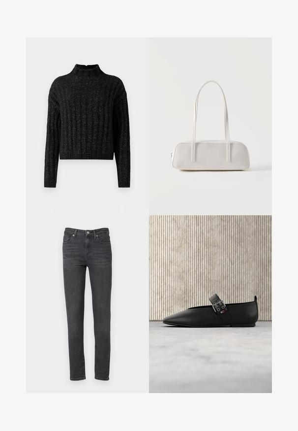 Schwarzer, grob gestrickter Pullover mit geripptem Muster, langen Ärmeln und stehendem Kragen.; Dunkelgraue Jeans aus Denim mit schmaler Passform, fünf Taschen und einem Knopfverschluss. Glatte Textur und minimalistische Hardware-Details.; Schwarzer, flacher Lederschuh mit spitzer Zehe und seitlichem Riemen, versehen mit silberner Beschlägen. Glatte Textur vor neutralem Teppichhintergrund.; Weiße rechteckige Schultertasche mit langen dünnen Trägern, minimalen Nähten und Reißverschlussverschluss vor einem schlichten Hintergrund.