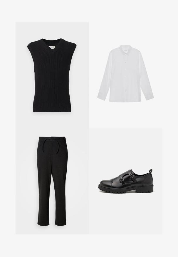 Gilet tricoté noir sans manches avec col en V et bord côtelé présenté sur un fond clair uni.; Chemise blanche à manches longues en tissu lisse, dotée d'un col pointu, d'une fermeture à boutons sur le devant et de poignets à un bouton.; Pantalons en tricot noirs avec un waistband à cordon de serrage, coupe droite et poches latérales. Texture douce avec une finition lisse.; Pier One by Zalando Mocassins de ville - black