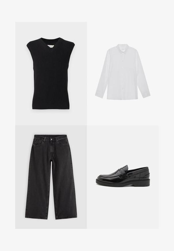 Sort ærmeløs strikket sweatervest med V-hals og ribbet kant vist på ensartet lys baggrund.; Hvid langærmet skjorte lavet af glat stof, med spidse krave, frontknaplukning og enknapsmanchetter.; Sorte denim jeans med vide ben, forlommer, bæltestropper og knaplukning, vist på en ensfarvet lys baggrund.; Sorte læder loafers med en glat finish, rund tå, lav hæl og dekorativ syning langs forsiden. Gummisål for godt greb.