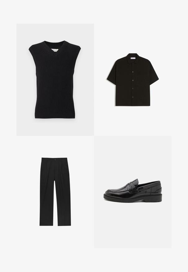 Gilet tricoté noir sans manches avec col en V et bord côtelé présenté sur un fond clair uni.; Chemise noire à manches courtes en tissu doux, avec un boutonnière à l'avant, un col et une poche poitrine unique. Design simple et épuré.; Pantalons noirs au design droit, fabriqués à partir d'un tissu lisse. Dotés de plis sur le devant et d'une fermeture à un bouton à la taille.; Mocassins en cuir noir avec une finition lisse, un bout rond, un petit talon et descoutures décoratives à l'avant. Semelle en caoutchouc pour l'adhérence.