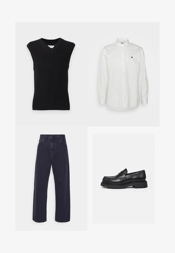 Gilet tricoté noir sans manches avec col en V et bord côtelé présenté sur un fond clair uni.; Chemise blanche à manches longues avec boutons en coton, présentant un petit logo noir sur la poitrine gauche, et un col classique avec accents de bouton.; Jeans en denim foncé avec une silhouette à jambes larges, taille haute et design à cinq poches. Présente une fermeture à bouton classique et zip.; Mocassin en cuir noir avec semelle épaisse crantée et détail de bride penny, présenté en profil droit sur fond blanc.