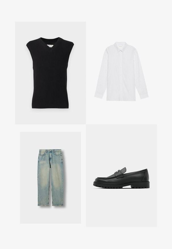 Gilet tricoté noir sans manches avec col en V et bord côtelé présenté sur un fond clair uni.; Chemise blanche à boutons avec de fines rayures verticales noires, dotée d'un col classique et de manches longues avec des poignets à boutons.; Jean en denim bleu clair avec une coupe droite, comportant cinq poches et un léger dégradé à l'avant et à l'arrière.; Mocassins en cuir noir à bout arrondi, avec un design cousu, une semelle plateforme basse et une semelle en caoutchouc texturée et crantée.