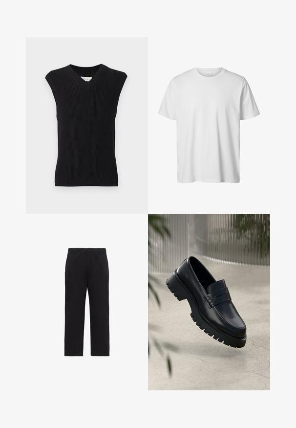 Sort ærmeløs strikket sweatervest med V-hals og ribbet kant vist på ensartet lys baggrund.; Enkelt hvid T-shirt med korte ærmer og rund hals, løs pasform og uden synlige logoer eller designs foran.; Sorte bukser med lige ben, bæltestropper, lynlås foran og sidelommer, vist på hvid baggrund.; Sorte læder loafers med en chunky sål, der har en dekorativ rem og syninger. Glat tekstur med en poleret overflade.