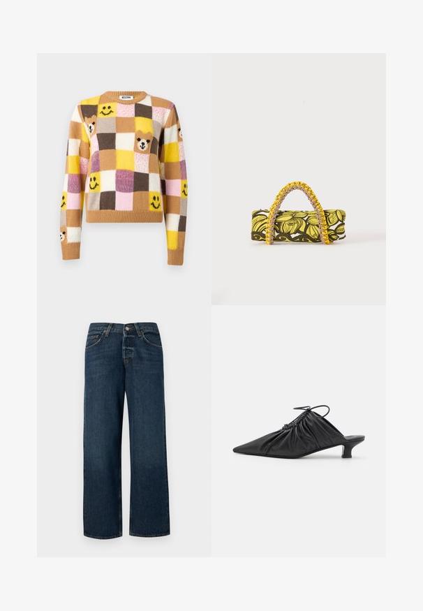 Pull en patchwork avec des carrés jaunes, bruns, roses et crème, arborant des visages souriants et des visages d'ours sur le devant et les manches.; Jeans en denim bleu foncé avec une coupe droite, cinq poches et quincaillerie en métal. Présente une légère décoloration et un ourlet soigné.; Mules noirs en cuir à enfiler avec un bout pointu, une texture froncée et un petit talon aiguille. Présente un détail à cordon au niveau de l'ouverture.; Sac rectangulaire avec motif floral jaune et noir et anse tressée jaune et rose sur fond blanc.