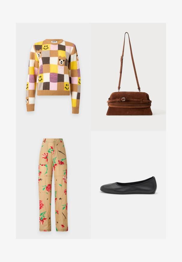 Pull en patchwork avec des carrés jaunes, bruns, roses et crème, arborant des visages souriants et des visages d'ours sur le devant et les manches.; Pantalons à motif floral avec un fond beige, ornés de fleurs rouges et vertes et d'accents noirs. Design ample avec des poches latérales.; Ballerines en cuir noir avec un bout rond, texture lisse, détails de couture minimalistes et design de semelle flexible.; Sac à épaule en daim marron avec une longue bandoulière ajustable et un détail de boucle sur le devant, présenté sur un fond uni.