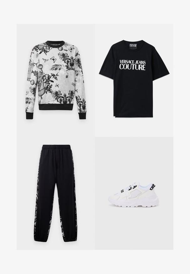 Zwart-wit crewneck sweatshirt met ingewikkelde bloem- en vlinderpatronen, textuurstof en zwarte boorden en zoom.; Zwarte katoenen t-shirt met korte mouwen, voorzien van grote witte tekst "VERSACE JEANS COUTURE" op de voorkant. Klassiek ontwerp met ronde hals.; Zwarte joggingbroek met elastische tailleband en boorden, voorzien van grijs-witte bloemenprintstrepen langs de buitenkanten van de benen.; Witte sportieve sneakers met een dikke zool, bovenwerk van mesh en synthetisch materiaal, zwarte accenten en veters. Gestructureerd ontwerp en logo op de hiel.