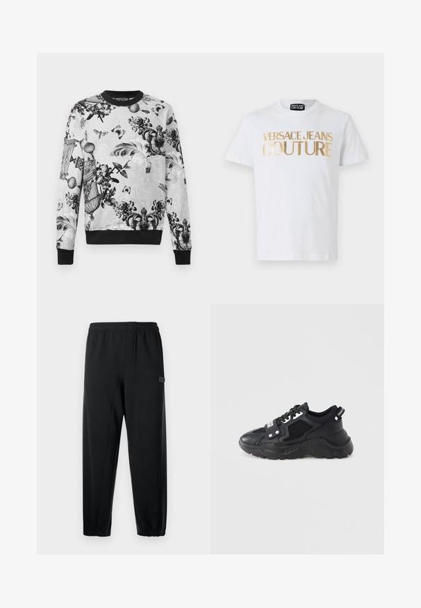 Zwart-wit crewneck sweatshirt met ingewikkelde bloem- en vlinderpatronen, textuurstof en zwarte boorden en zoom.; Witte katoenen t-shirt met grote gouden "VERSACE JEANS COUTURE" letters op de voorkant. Ronde hals en korte mouwen.; Zwarte joggingbroek met een elastische tailleband, taps toelopende pijpen en een klein merklabel. Gemaakt van een zachte, lichtgewicht stof.; Zwarte sneaker met een dikke zool, voorzien van mesh panelen en leren accenten. Heeft witte veters en branding aan de zijkant.
