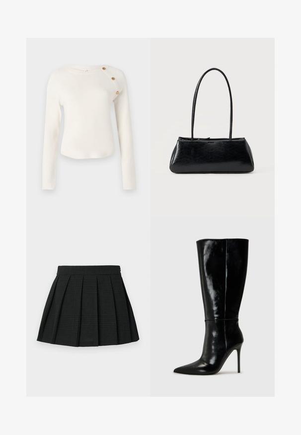 Pull en tricot blanc avec des manches longues, un col rond et des boutons décoratifs sur l'épaule. Texture lisse et silhouette ajustée.; Jupe plissée noire en tissu texturé. Dispose d'une taille et d'un léger motif écossais tout au long. Longueur courte avec des plis superposés.; Bottes noires en cuir, hautes jusqu'au genou, avec un bout pointu et un talon aiguille haut. Texture lisse et design épuré, avec un minimum de détails.; Sac à épaule rectangulaire noir avec de longues bretelles fines et une texture lisse et brillante sur un fond uni.