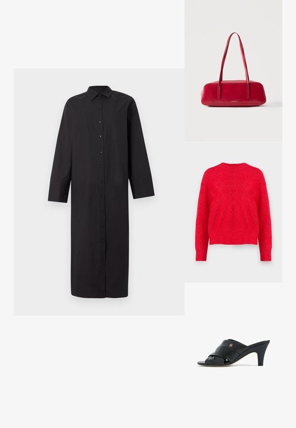 Pull en tricot rouge avec un col rond, des épaules tombantes et des poignets et un ourlet côtelés. Texture douce avec une coupe légèrement ample.; Robe chemise longue noire à boutons, manches longues, col et poche avant, présentée sur un fond gris clair uni.; Mule à talon ouvert en cuir noir avec des lanières croisées et un petit logo métallique sur le côté, talon conique de hauteur moyenne, bord de semelle beige.; Sac à main rectangulaire rouge avec longues bretelles et petit logo doré « Calvin Klein » sur le devant, présenté sur fond blanc uni.