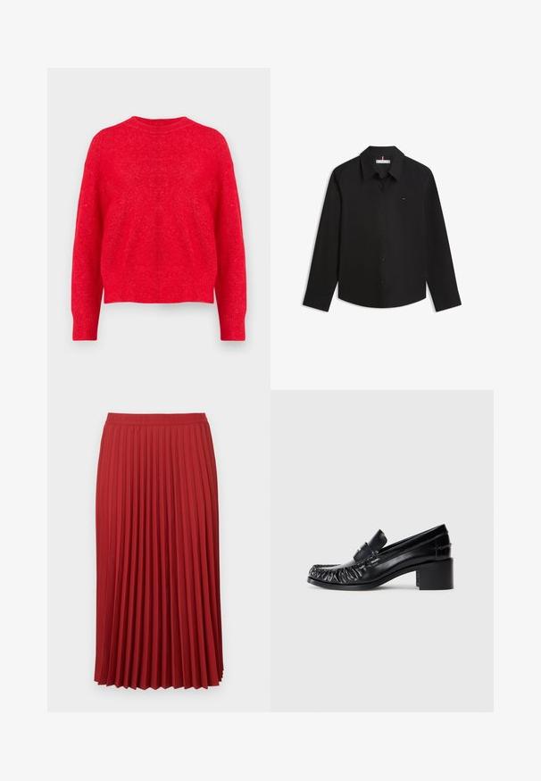 Rød strikket sweater med rund halsudskæring, drop-shoulder ærmer og ribbede manchetter og kant. Blød tekstur med en let løs pasform.; Sort langærmet skjorte med knapper og krave samt lille logo på venstre bryst, vist fladt på en hvid baggrund.; Rødt plisseret midi-nederdel med elastisk linning, glat tekstur og diskret brandtekst på linningen.; Sorte læder loafers med en bølget front, rund tå og en blokhælc. Har et dekorativt bånd og syninger langs kanterne.