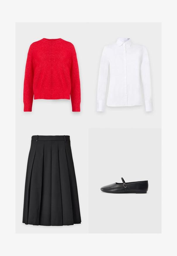 Jersey de punto rojo con cuello redondo, hombros caídos y puños y dobladillo de canalé. Textura suave con un ajuste ligeramente holgado.; Camisa blanca de manga larga con botones, cuello puntiagudo y silueta ajustada, mostrada sobre un fondo liso de color gris claro.; Falda negra plisada hasta la rodilla con trabillas para cinturón y una pequeña etiqueta rectangular con logotipo cerca de la cintura sobre un fondo liso.; Bailarinas de cuero negro con punta afilada, suela plana y una pequeña correa con detalle de hebilla plateada.