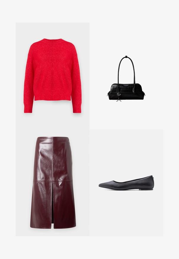 Jersey de punto rojo con cuello redondo, hombros caídos y puños y dobladillo de canalé. Textura suave con un ajuste ligeramente holgado.; Falda de cuero sintético burgundy con acabado brillante, hasta la rodilla, con una abertura frontal y detalles de costuras. Textura suave y líneas limpias.; Zapato plano de cuero negro con punta puntiaguda y tacón bajo, mostrado de perfil contra un fondo blanco.; Bolso de hombro negro de cuero con textura de cocodrilo, con correas largas y un pequeño colgante de logo plateado en una correa.