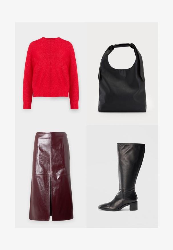 Pull en tricot rouge avec un col rond, des épaules tombantes et des poignets et un ourlet côtelés. Texture douce avec une coupe légèrement ample.; Jupe en faux cuir bordeaux avec une finition brillante, longueur genou, présentant une fente avant et des détails de couture. Texture lisse et lignes épurées.; Botte noire en cuir montante, avec un bout carré, un talon large et un design épuré. Texture lisse avec une fermeture éclair sur le côté pour un enfilage facile.; Sac à main en cuir noir avec une grande ouverture sur le dessus et une seule bandoulière. Texture douce, design minimaliste, avec des accents métalliques discrets.