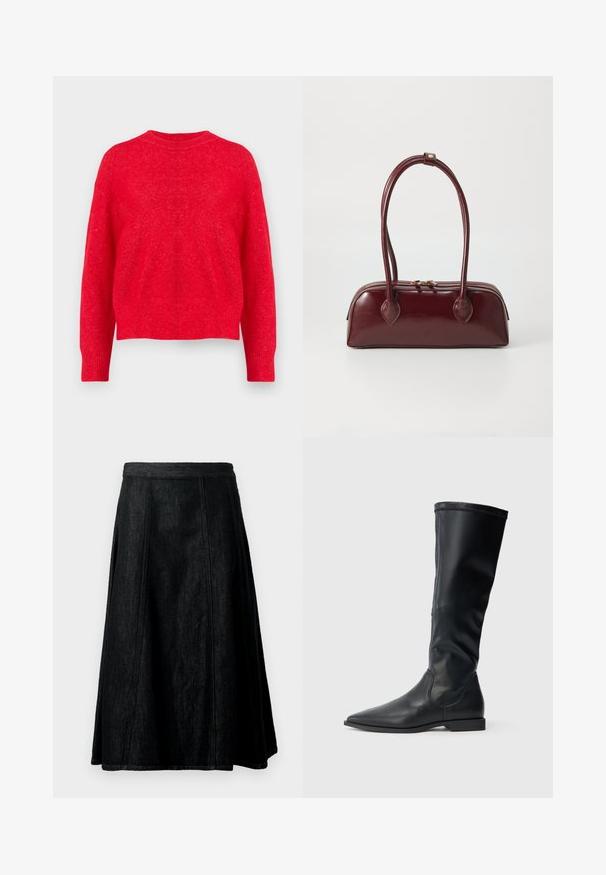 Rød strikket sweater med rund halsudskæring, drop-shoulder ærmer og ribbede manchetter og kant. Blød tekstur med en let løs pasform.; Sort denim A-formet nederdel med en tætsiddende talje, flydende silhuet, synlige sømme og knælang kant. Ingen lommer eller pynt.; Sorte knæhøje støvler lavet af glat læder med spids tå og lav blokhæl. Designet har en elegant silhuet og minimalistiske detaljer.; Bordeaux læder skuldertaske med en buet form, dobbelt håndtag, lynlås lukning og subtile sømdetaljer. Glat, højglans finish.
