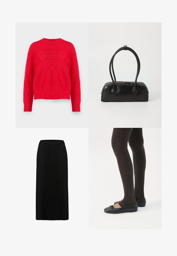 Rød strikket sweater med rund halsudskæring, drop-shoulder ærmer og ribbede manchetter og kant. Blød tekstur med en let løs pasform.; Sort plisseret midinederdel med elastik i taljen og lodrette folder, vist mod en hvid baggrund.; Ben iført mørke ribbede leggings kombineret med sorte balletsko med små sløjfedetaljer på hvid baggrund.; Sort læder håndtaske med to langstrakte håndtag, lynlåslukning og afrundet form; glat tekstur med en subtil blank finish.