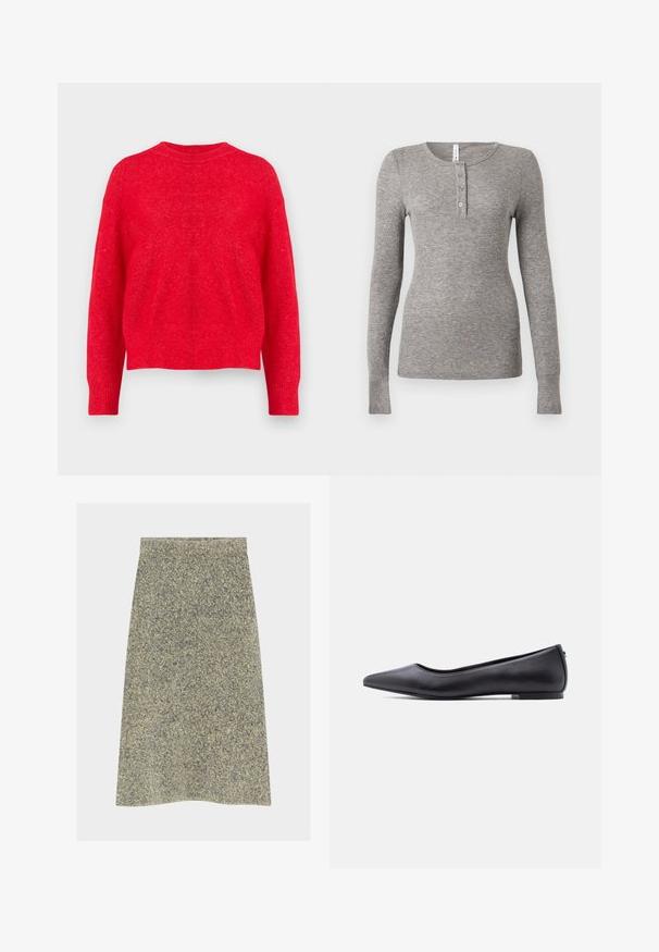 Pull en tricot rouge avec un col rond, des épaules tombantes et des poignets et un ourlet côtelés. Texture douce avec une coupe légèrement ample.; Chemise henley à manches longues grise en tissu côtelé, avec un col arrondi et une patte de boutonnage à trois boutons. Coupe ajustée avec des poignets sans couture.; Jupe crayon en laine dans un mélange de nuances gris et vert olive, avec une surface texturée et une coupe droite avec une ceinture nette.; Chaussure plate en cuir noire à bout pointu avec petit talon, vue de profil sur fond blanc.