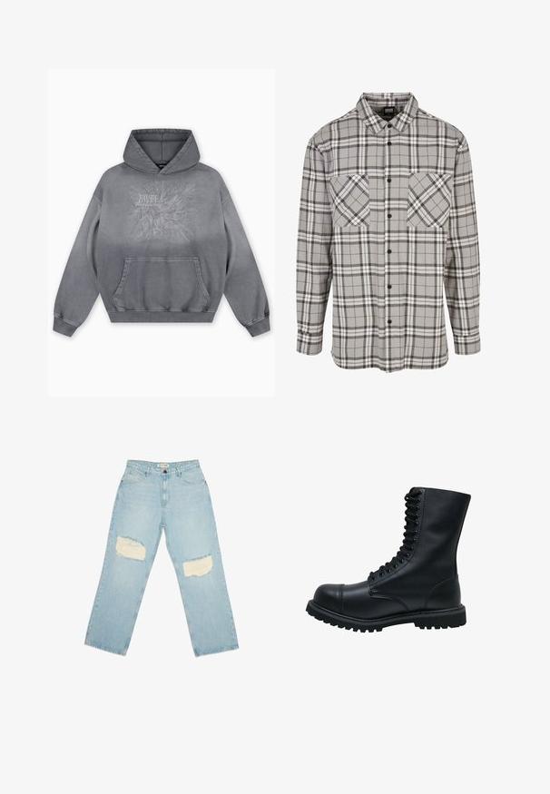 Sudadera con capucha gris con un estampado texturizado que presenta "FAVELA Worldwide" y un diseño de águila, bolsillo canguro delantero y puños acanalados.; Camisa de manga larga a rayas grises hecha de tela con cierre de botones, que presenta dos bolsillos en el pecho y un cuello clásico.; Jeans de mezclilla azul claro con cintura alta, piernas rectas y parches desgastados en ambos muslos.; Botín de cuero negro con cordones, punta redonda, caña alta, suela de goma gruesa y superficie texturizada. Presenta costuras reforzadas a lo largo de las uniones.