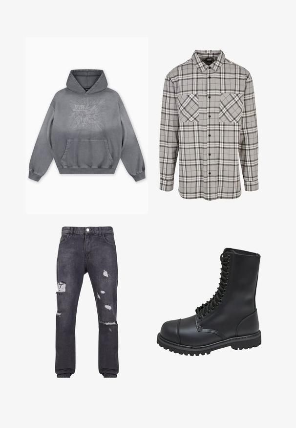 Sudadera con capucha gris con un estampado texturizado que presenta "FAVELA Worldwide" y un diseño de águila, bolsillo canguro delantero y puños acanalados.; Camisa de manga larga a rayas grises hecha de tela con cierre de botones, que presenta dos bolsillos en el pecho y un cuello clásico.; Vaqueros de mezclilla gris oscuro con múltiples agujeros desgastados y bordes deshilachados; diseño clásico de cinco bolsillos con cierre de botón y pasadores para cinturón.; Bota de combate de cuero negro con caña alta, parte frontal con cordones, cuello acolchado y suela texturizada resistente para un buen agarre. Presenta una puntera reforzada.