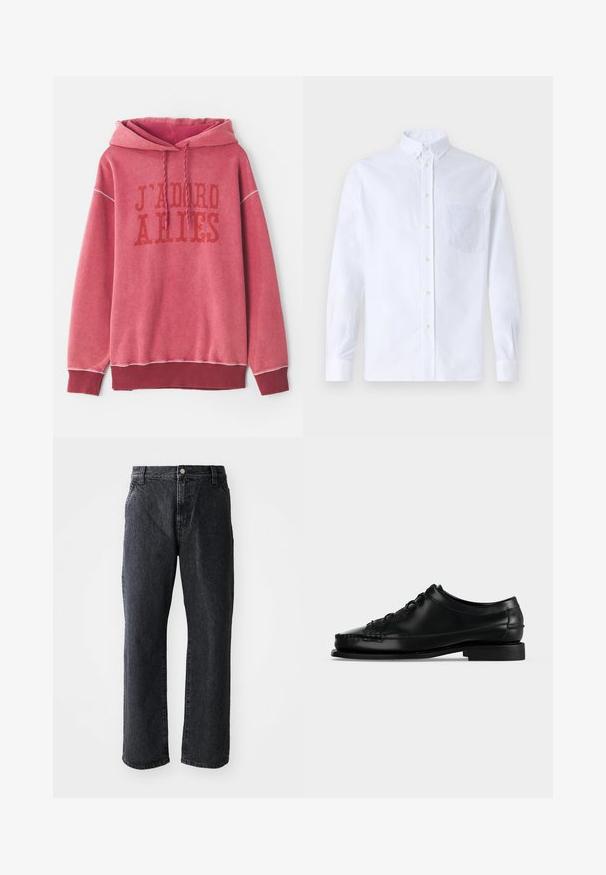 Rød sweatshirt med hætte, der har trykt tekst "J'ADORE ARIES" i mørkerød. Ribkanter ved håndled og nederste kant med et blødt, struktureret stof.; Hvid langærmet skjorte med knapper lavet af bomuld, med en brystlomme med tonal broderi, krave og knapmanchetter.; Sorte denim jeans med lige snit, med knaplukning, fem lommer og subtil tekstur. Klassisk design uden fremtrædende mønstre.; Sort lædersko med snørebånd til kjolebrug med lav hæl og moc tå-syning, vist i venstre profil på ensfarvet baggrund.