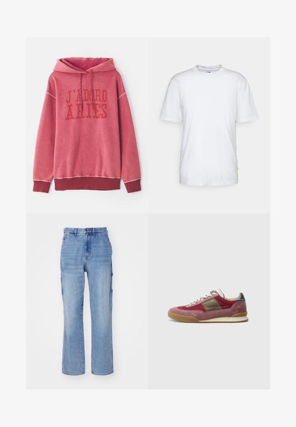 Rotes Sweatshirt mit Kapuze, ausgestattet mit dem aufgedruckten Text "J'ADORE ARIES" in dunklerem Rot. Gerippte Bündchen und Saum mit einem weichen, strukturierten Stoff.; Weißes Baumwoll-T-Shirt mit Rundhalsausschnitt, kurzen Ärmeln und geradem Saum. Auf der linken Seitennaht befindet sich ein kleines Markenzeichen.; Hellblau Jeans-Cargo-Hose mit geradem Beinansatz, ausgestattet mit Seitentaschen und einem Knopfverschluss. Weiche Textur und ausgewaschener Look.; Sneaker mit einem Obermaterial aus burgunderrotem Wildleder und Stoff, beigen Akzenten und einer Laufsohle aus Kaugummirubber; ausgestattet mit metallischen Ösen und Schnürsenkeln.