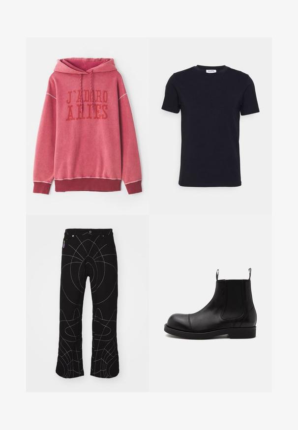 Rotes Sweatshirt mit Kapuze, ausgestattet mit dem aufgedruckten Text "J'ADORE ARIES" in dunklerem Rot. Gerippte Bündchen und Saum mit einem weichen, strukturierten Stoff.; Schwarzes T-Shirt mit kurzen Ärmeln und Rundhalsausschnitt, mit einem kleinen weißen Etikett auf der Innenseite des Kragens.; Schwarze Hose mit weißen abstrakten Nähten. Merkmale sind standardmäßige Taschen, Knopfverschluss und ein gerades Bein-Design. Strukturierter Stoff.; Schwarzer Chelsea-Boot aus Leder mit abgerundeter Spitze, elastischen Seiteneinsätzen, Zugschlaufen vorn und hinten, flacher Sohle, seitlich auf weißem Hintergrund abgebildet.