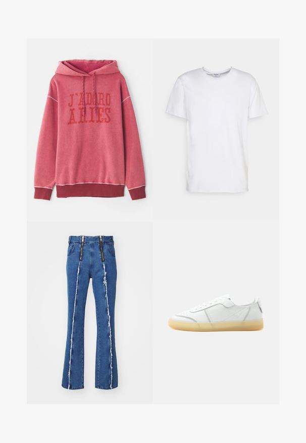 Rød sweatshirt med hætte, der har trykt tekst "J'ADORE ARIES" i mørkerød. Ribkanter ved håndled og nederste kant med et blødt, struktureret stof.; Hvid kortærmet t-shirt lavet af bomuld. Har en rund halsudskæring og en afslappet pasform uden synlige mønstre eller detaljer.; GmbH FAISAL - Jeans Straight Leg - denim blue; Hvid lavtop læder sneaker med beige gennemsigtig sål, snørelukning foran og minimal syning, vist fra siden mod en ensfarvet baggrund.